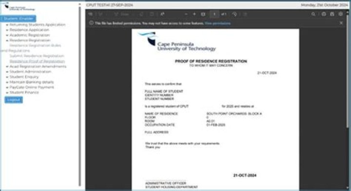 How much is the registration fee at CPUT?
